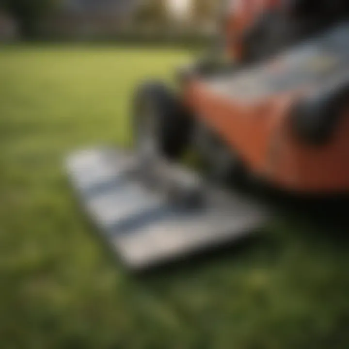 Close-up of a lawn mower blade showing signs of damage and wear.