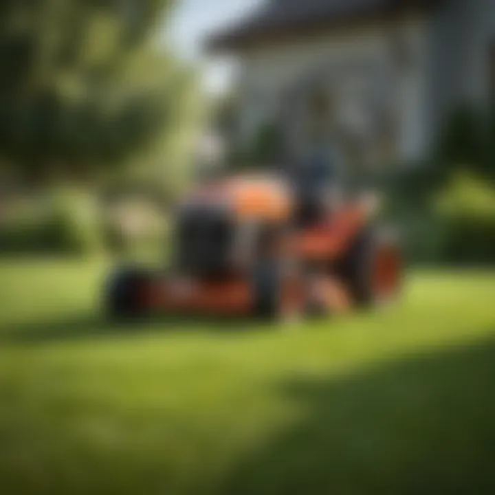 A well-maintained lawn mower with a freshly cut lawn in the background.