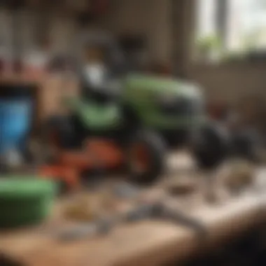 Tools and equipment necessary for lawn mower repair laid out on a workbench.