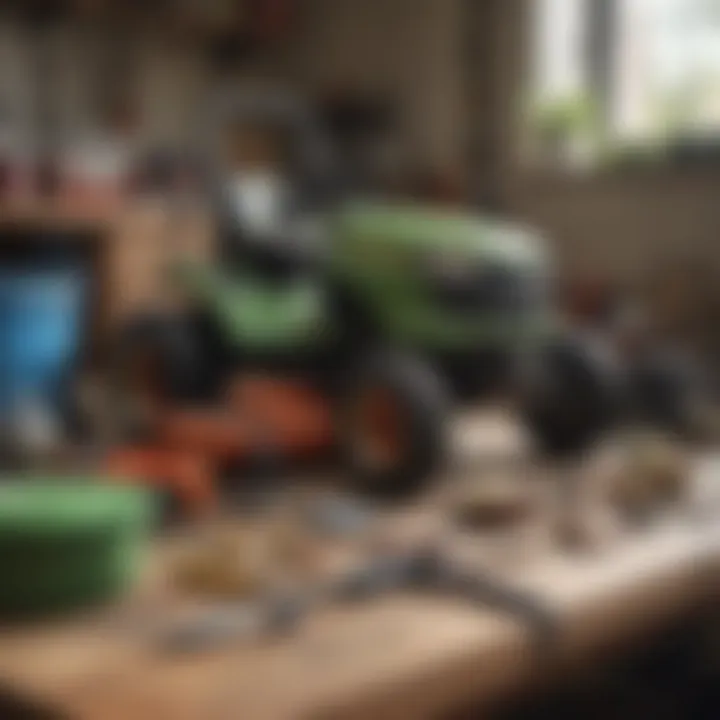 Tools and equipment necessary for lawn mower repair laid out on a workbench.
