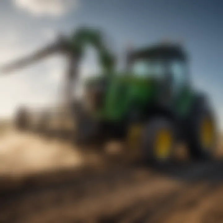 Versatile auger attachment for John Deere tractor in action.