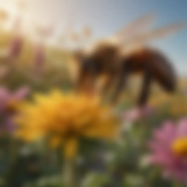 A bee interacting with flowers in an agricultural field