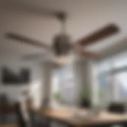 A sleek and modern commercial ceiling fan in a stylish office space