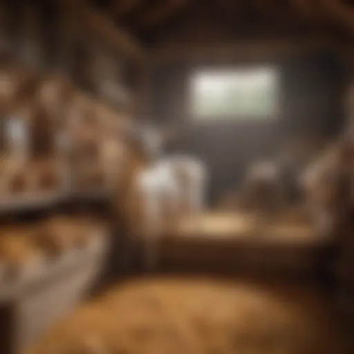 A diverse selection of goat feed types displayed in a barn