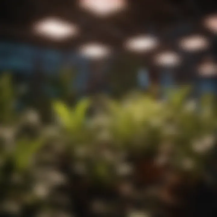 Close-up of full spectrum LED grow lights illuminating plants
