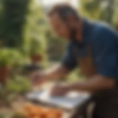 A gardener inspecting seeds and keeping records in a notebook