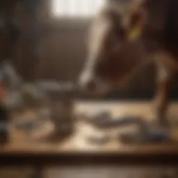 A selection of calf dehorning tools on a wooden table.