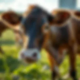A calf with a nose ring in a pasture, illustrating its practical use in livestock management.