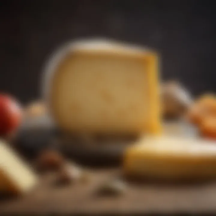 A close-up of a cheese wheel with nutritional information displayed.