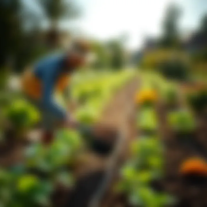 Gardener Applying Fertilizer A gardener applying fertilizer to a thriving vegetable garden