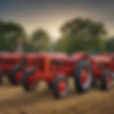 An array of different Cockshutt tractor models displayed together highlighting their evolution over the years.