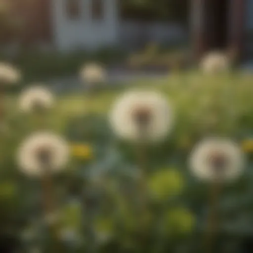 Close-up view of dandelions flourishing in a backyard