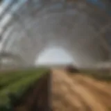 A modern hoop building in an agricultural setting