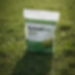Close-up of a granular weed killer product on grass