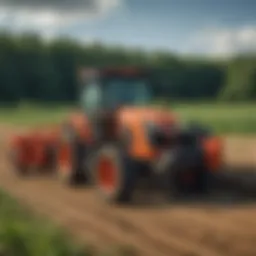 A vibrant Kubota tractor navigating a lush agricultural field in New York.