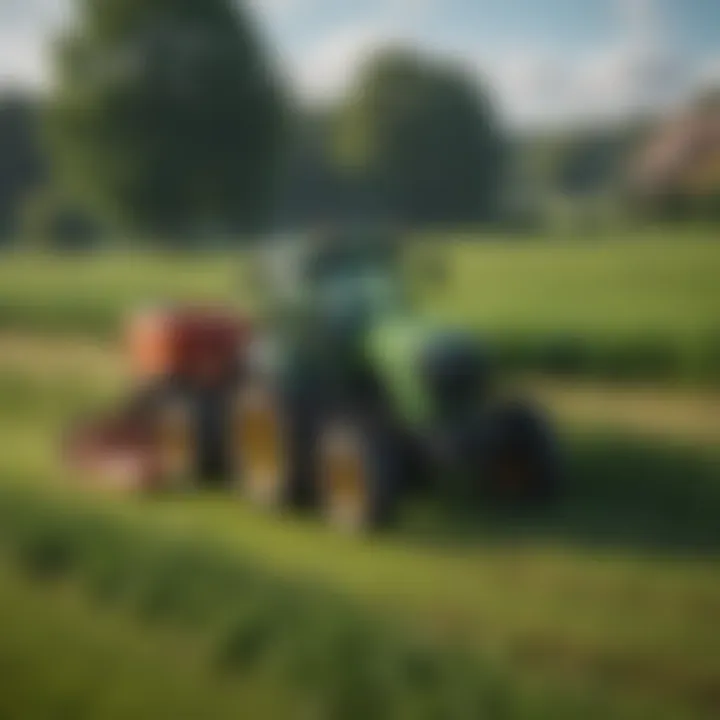 A tractor equipped with a finish mower in a lush green field