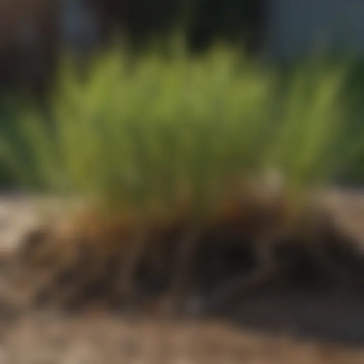 Close-up of grass roots recovering from urine damage