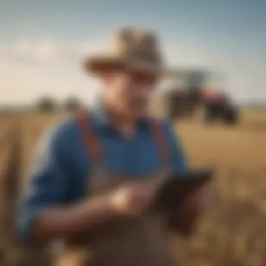 A farmer using a tablet to access advanced features of a land calculator in a field.