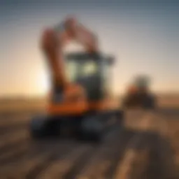 Mini excavator in a field with agricultural machinery