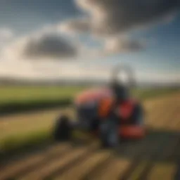 A state-of-the-art sitting mower in action within a vast agricultural field