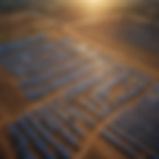 Aerial view of a sprawling solar farm bathed in sunlight