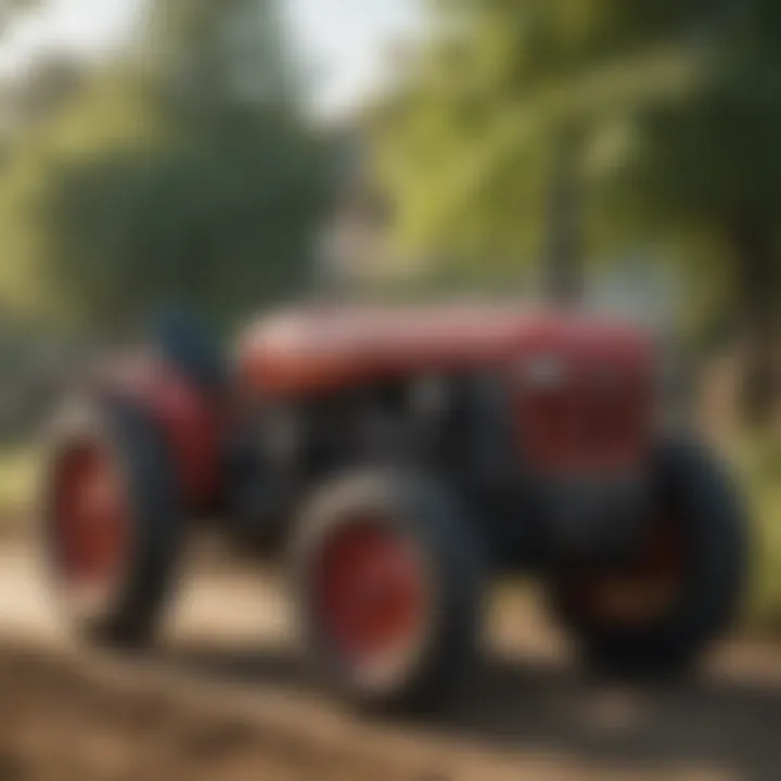 Side view of a popular small tractor model in a farming setting
