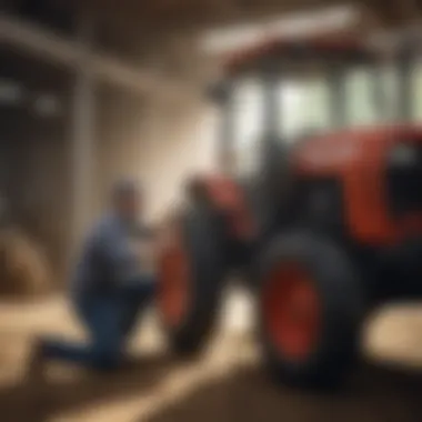 User Exploring Tractor Features User inspecting features of a small tractor in a dealership