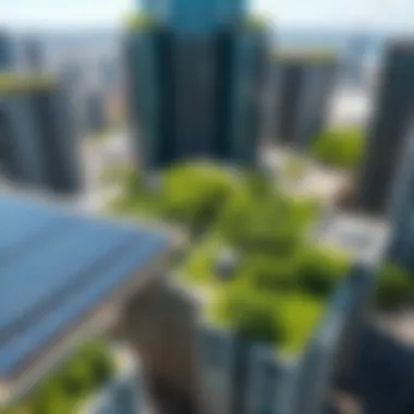 Integrating Green Technologies: The Future of Urban Development Solar panels and green rooftops on a modern city building