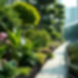 A vibrant green urban park showcasing diverse flora and eco-friendly installations