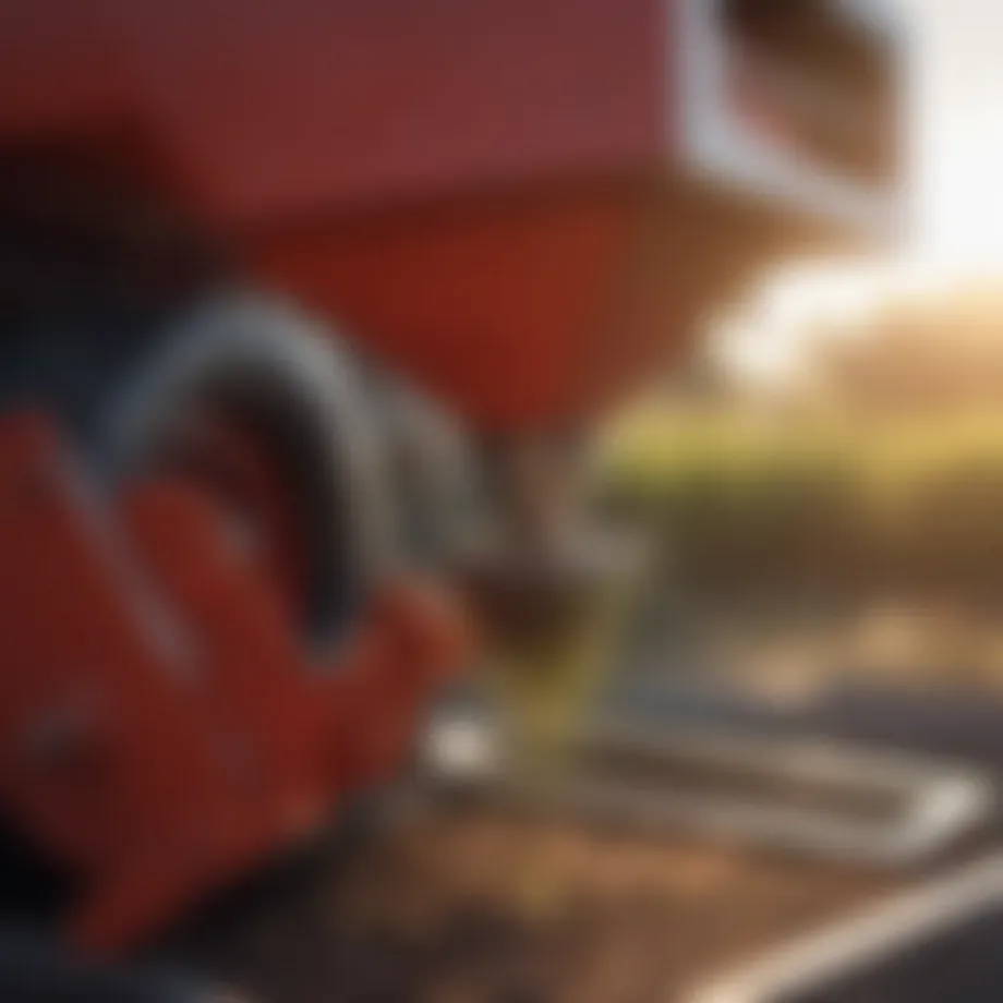 Detailed view of a cosmo seed spreader highlighting its mechanism