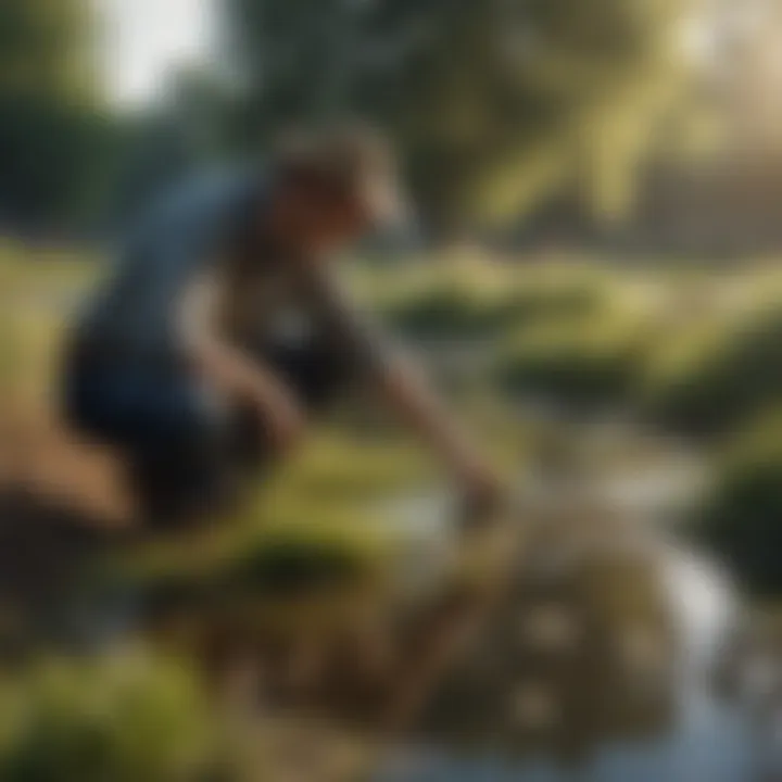 A farmer inspecting the pond's ecosystem