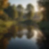 A serene farm pond reflecting the surrounding landscape