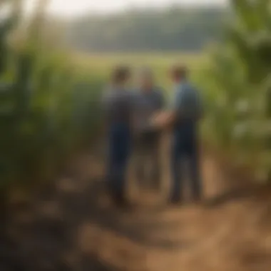 Farmers Examining Crops Farmers examining corn crops, highlighting agricultural practices