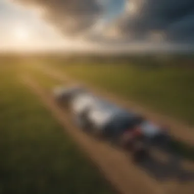 Aerial view of a modern farm utilizing cloud technology