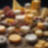 A vibrant cheese platter showcasing various types of cheeses and their textures.