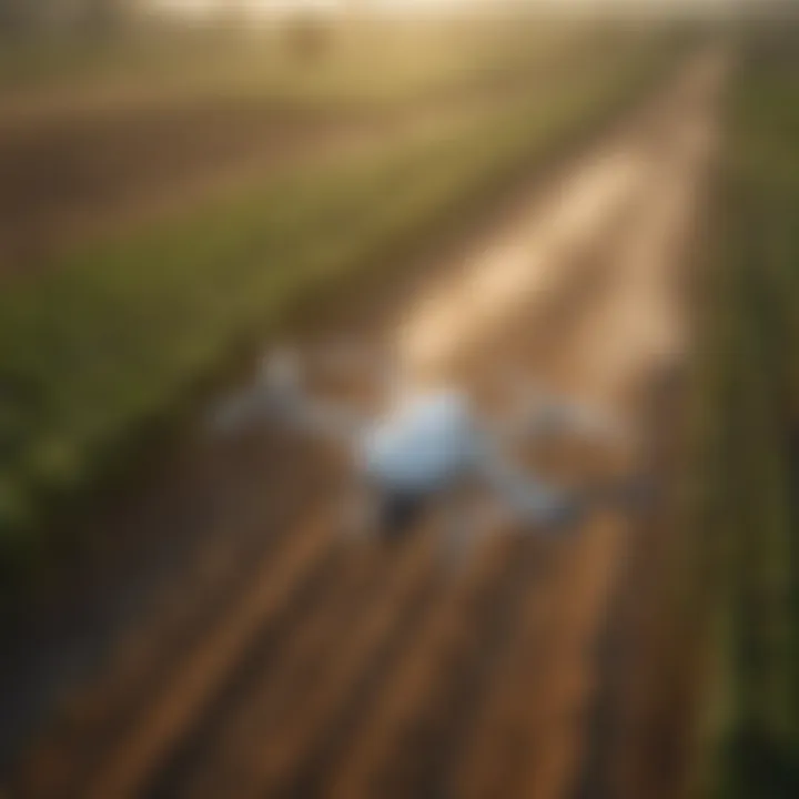 Drone navigating over a farm landscape