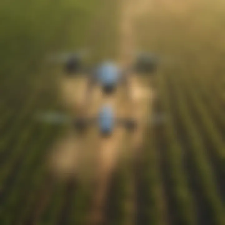 Aerial view of a drone spraying crops in a field