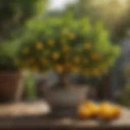 Dwarf Meyer Lemon tree showcasing vibrant fruits in a garden setting