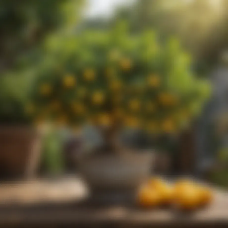 Dwarf Meyer Lemon tree showcasing vibrant fruits in a garden setting