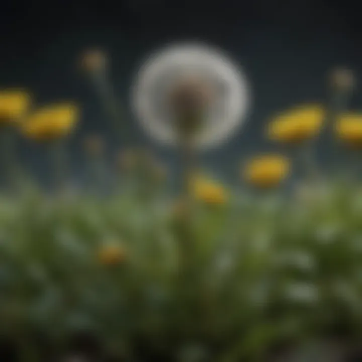 Close-up of dandelion leaves and flowers illustrating their growth patterns