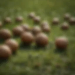 A close-up view of freshly fallen acorns on a lush green lawn.