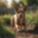 A dog curiously exploring a garden bed