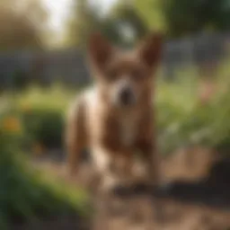 A dog curiously exploring a garden bed