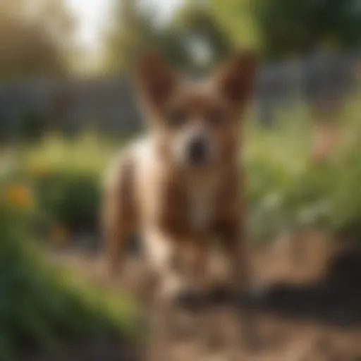 A dog curiously exploring a garden bed