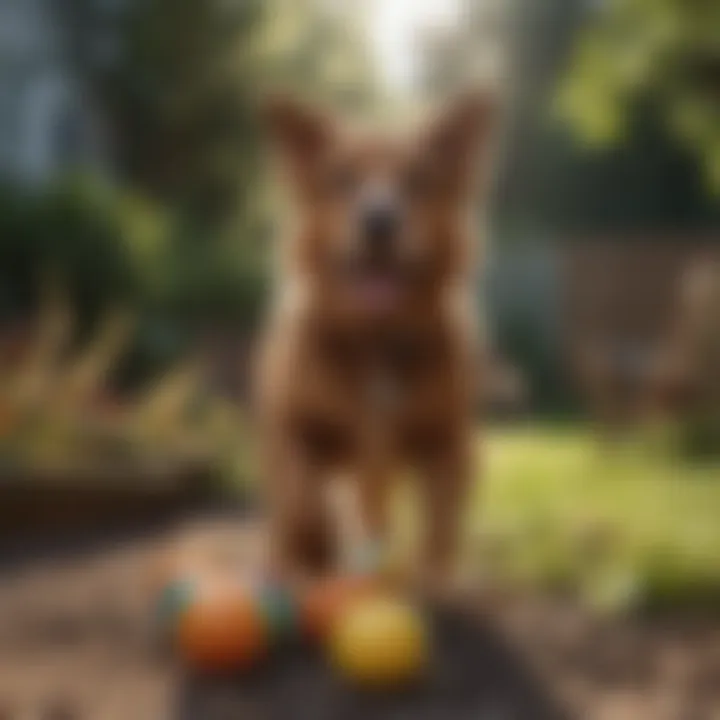 A playful dog engaging with toys in a yard