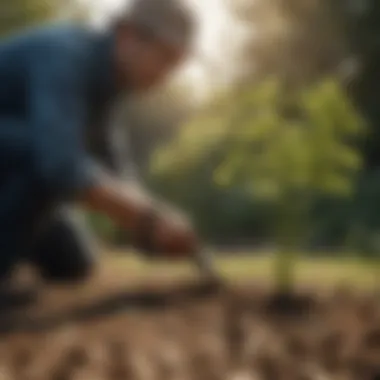 A gardener applying targeted treatment to a weed.