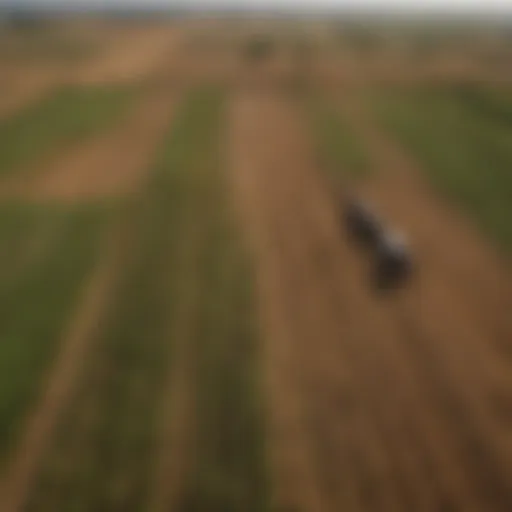 Aerial view of a vast agricultural landscape showing contrasting regions of abundance and scarcity