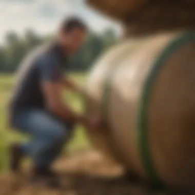 Effective Application Techniques for Bale Tuff Silage Wrap A farmer applying bale tuff wrap on silage with precision