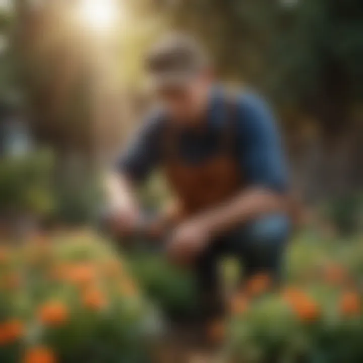 Gardener applying organic bloom booster to plants