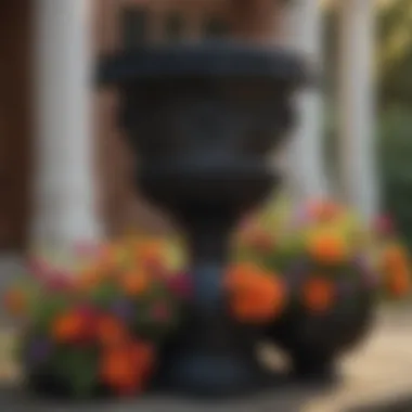 Artistic Arrangement of Black Plastic Garden Urns An artistic arrangement of black plastic garden urns with colorful flowers